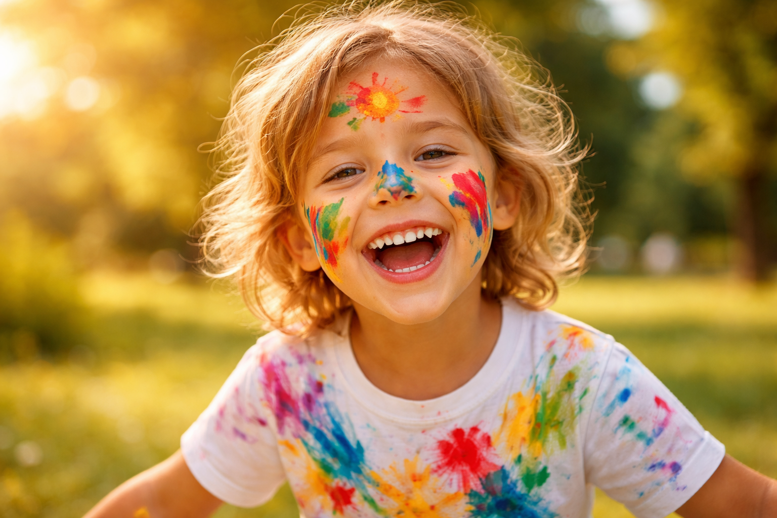 Smiling child with colorful paint on face, joyful outdoors