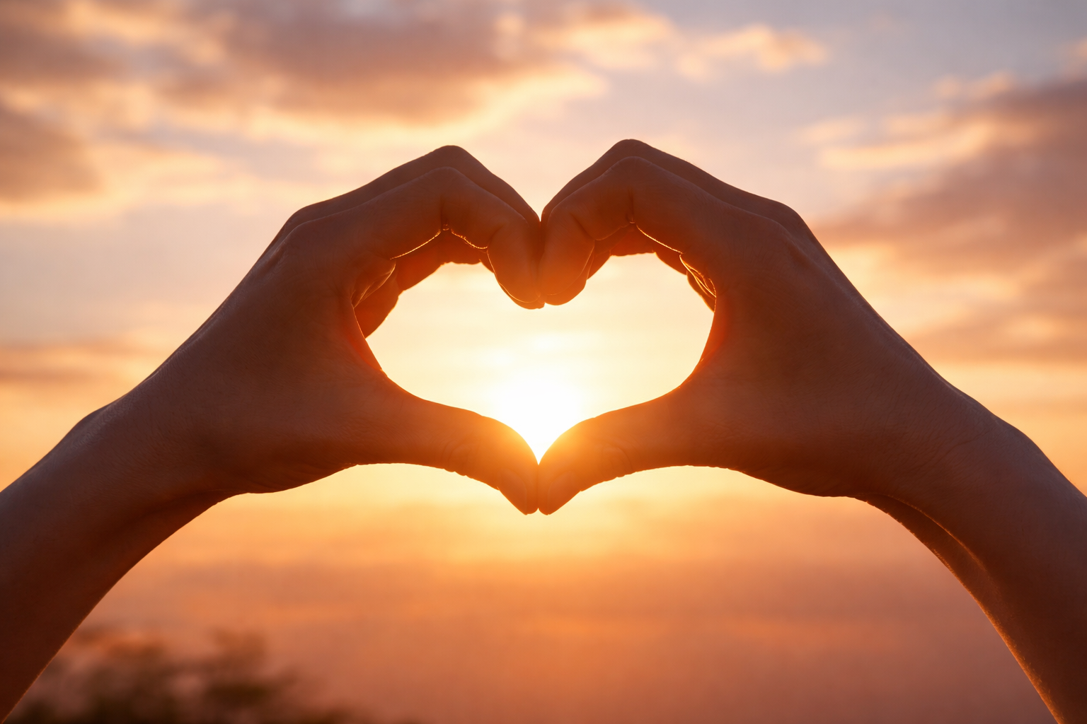 Two hands forming a heart shape against golden-hour sky