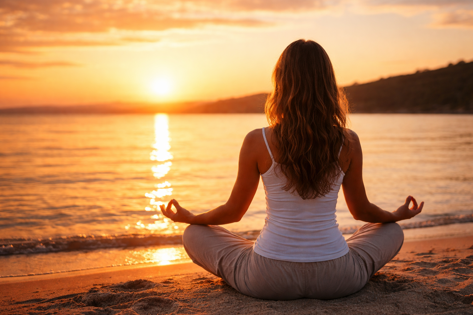 Person meditating at sunset on beach, symbolizing mindfulness