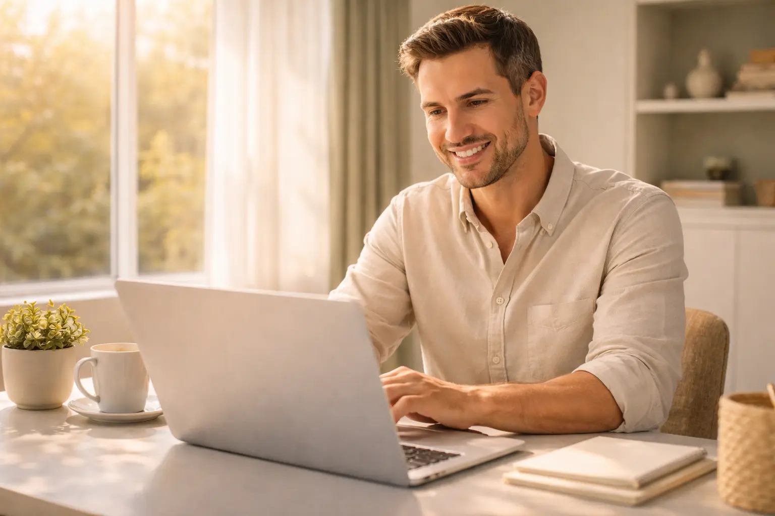 benefits of online therapy woman smiling at laptop bright sunny room