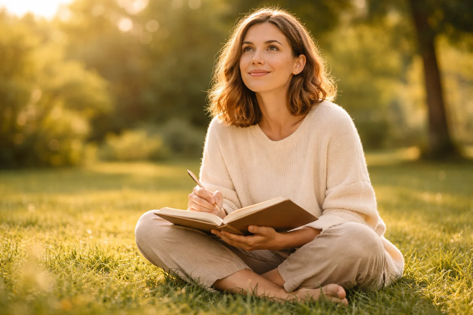 mild depression therapy person journaling outdoors warm sunlight hopeful