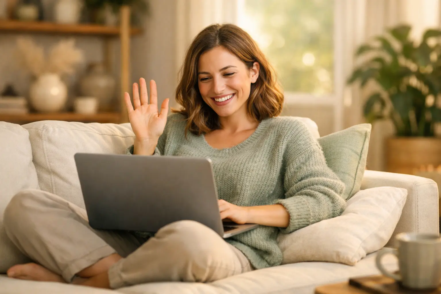 what is telehealth therapy person on video call relaxed at home